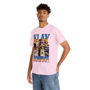 a young man wearing a pink t - shirt with a photo of a basketball player