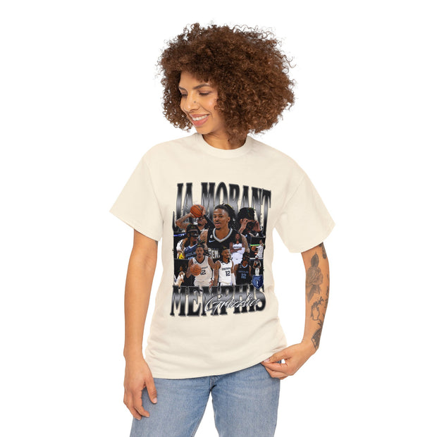 a woman wearing a white t - shirt with a picture of a basketball player