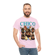 a man wearing a pink shirt with dogs on it