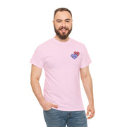 a man with a beard wearing a pink t - shirt