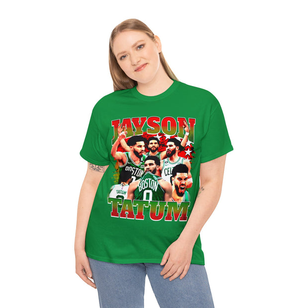 a woman wearing a green t - shirt with a picture of a basketball team