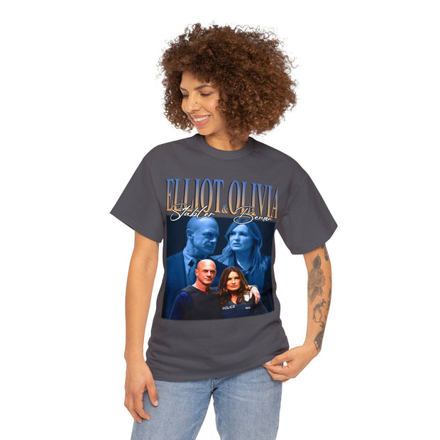 a woman wearing a t - shirt with a picture of two women on it