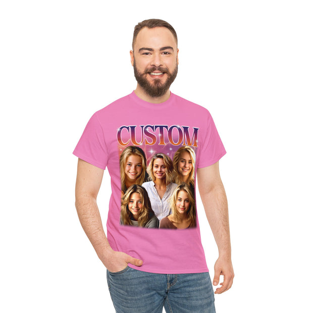 a man wearing a pink t - shirt with a group of women on it