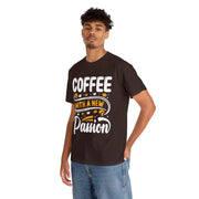 a man wearing a coffee with a new passion t - shirt