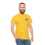 a man with a beard wearing a yellow t - shirt