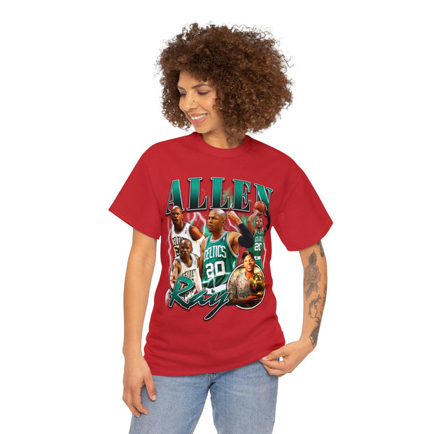 a woman wearing a red t - shirt with a picture of the philadelphia eagles