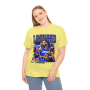 a woman wearing a yellow shirt with a picture of a basketball player