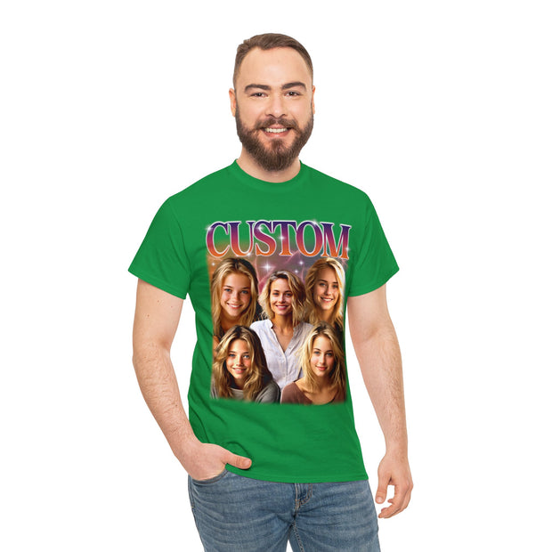 a man wearing a green t - shirt with a group of women on it