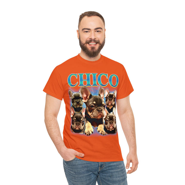 a man wearing an orange chicago t - shirt with dogs on it