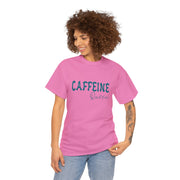 a woman wearing a pink caffeine queen t - shirt