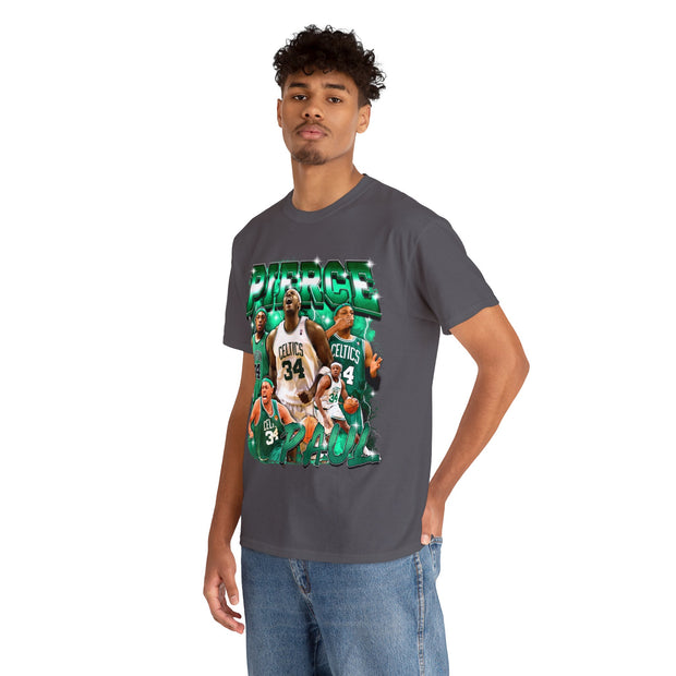 a man wearing a t - shirt with a picture of a basketball player on it