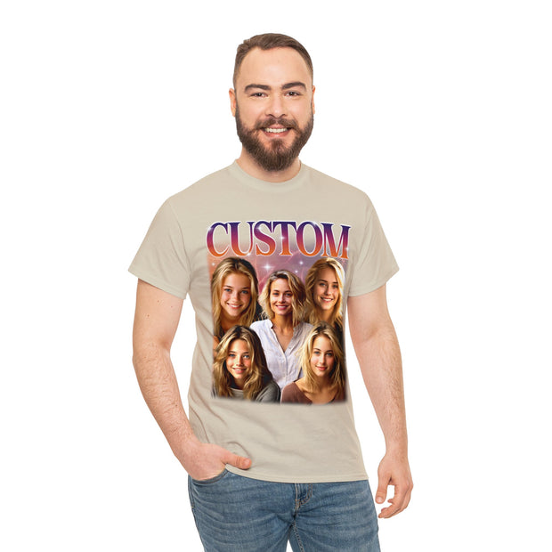 a man wearing a t - shirt that says custom