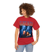 a woman wearing a red t - shirt with a picture of two people on it