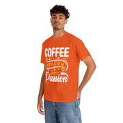 a man wearing an orange coffee with a new passion t - shirt