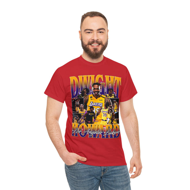 a man wearing a red t - shirt with a picture of a basketball player