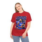 a woman wearing a red shirt with a picture of a basketball player