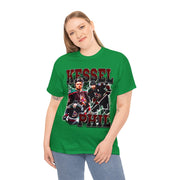 a woman wearing a green t - shirt with the words kessel on it