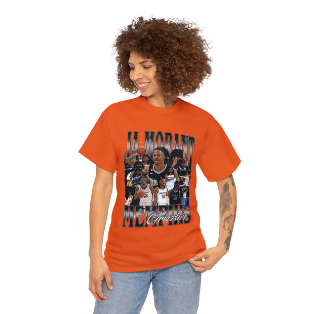 a woman wearing an orange t - shirt with a picture of a basketball player