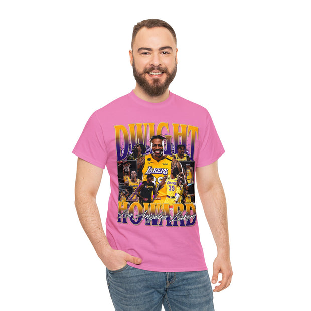 a man wearing a pink t - shirt with a picture of a basketball player