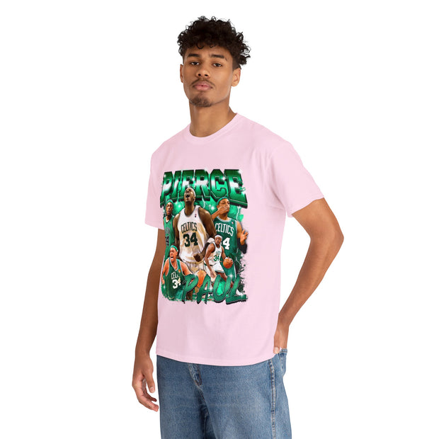 a man wearing a pink shirt with a picture of a basketball player on it