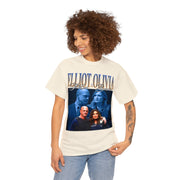 a woman wearing a white t - shirt with a picture of two people on it