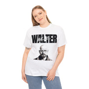 a woman wearing a white walter t - shirt