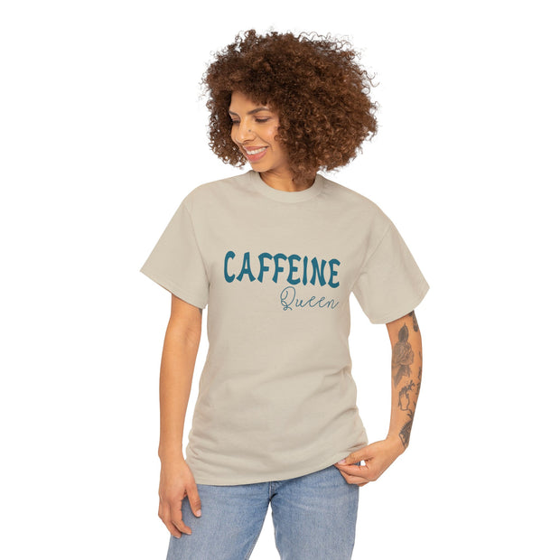 a woman wearing a t - shirt that says caffeine queen