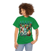 a woman wearing a green t - shirt with a picture of a basketball player