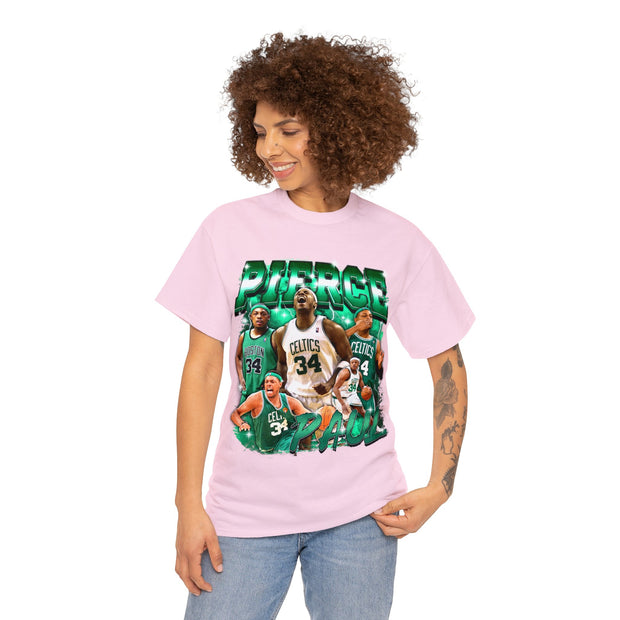 a woman wearing a pink shirt with a picture of a basketball player