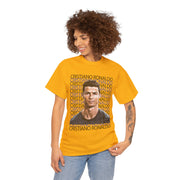 a woman wearing a yellow shirt with a picture of a man on it