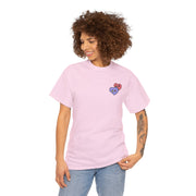 a woman wearing a pink t - shirt with hearts on it