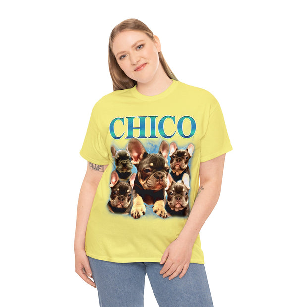 a woman wearing a yellow shirt with dogs on it