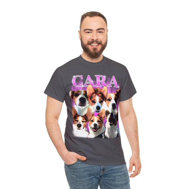 a man wearing a t - shirt with three dogs on it