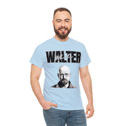 a man wearing a blue walter t - shirt