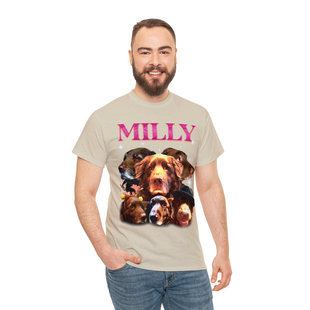 a man wearing a t - shirt with a picture of a dog on it