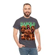 a man wearing a t - shirt with dogs on it