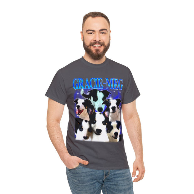 a man wearing a t - shirt with two dogs on it