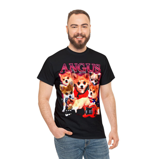 a man wearing a black t - shirt with three dogs on it