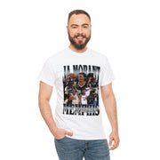 a man wearing a t - shirt with a picture of a basketball player