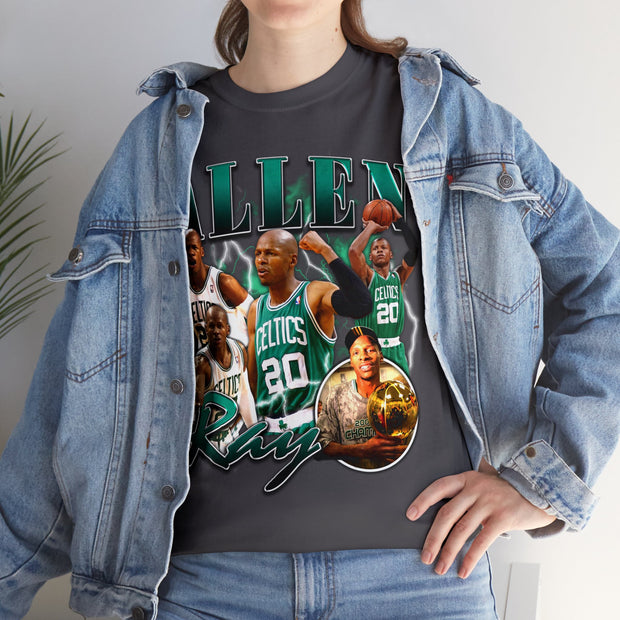 a woman wearing a t - shirt with a picture of the boston bucks