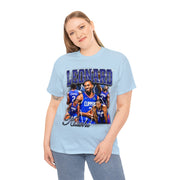 a woman wearing a blue shirt with a picture of a basketball player